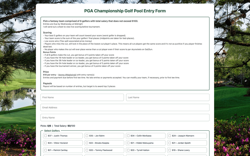 Golf Pool Entry Form